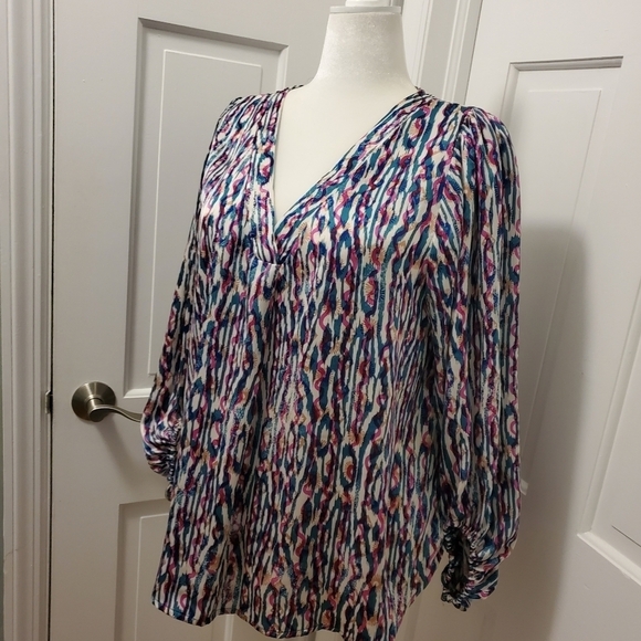 ee:some Retro Print V Neck Bubble Sleeve Colorful Blouse Size Large - Picture 3 of 10